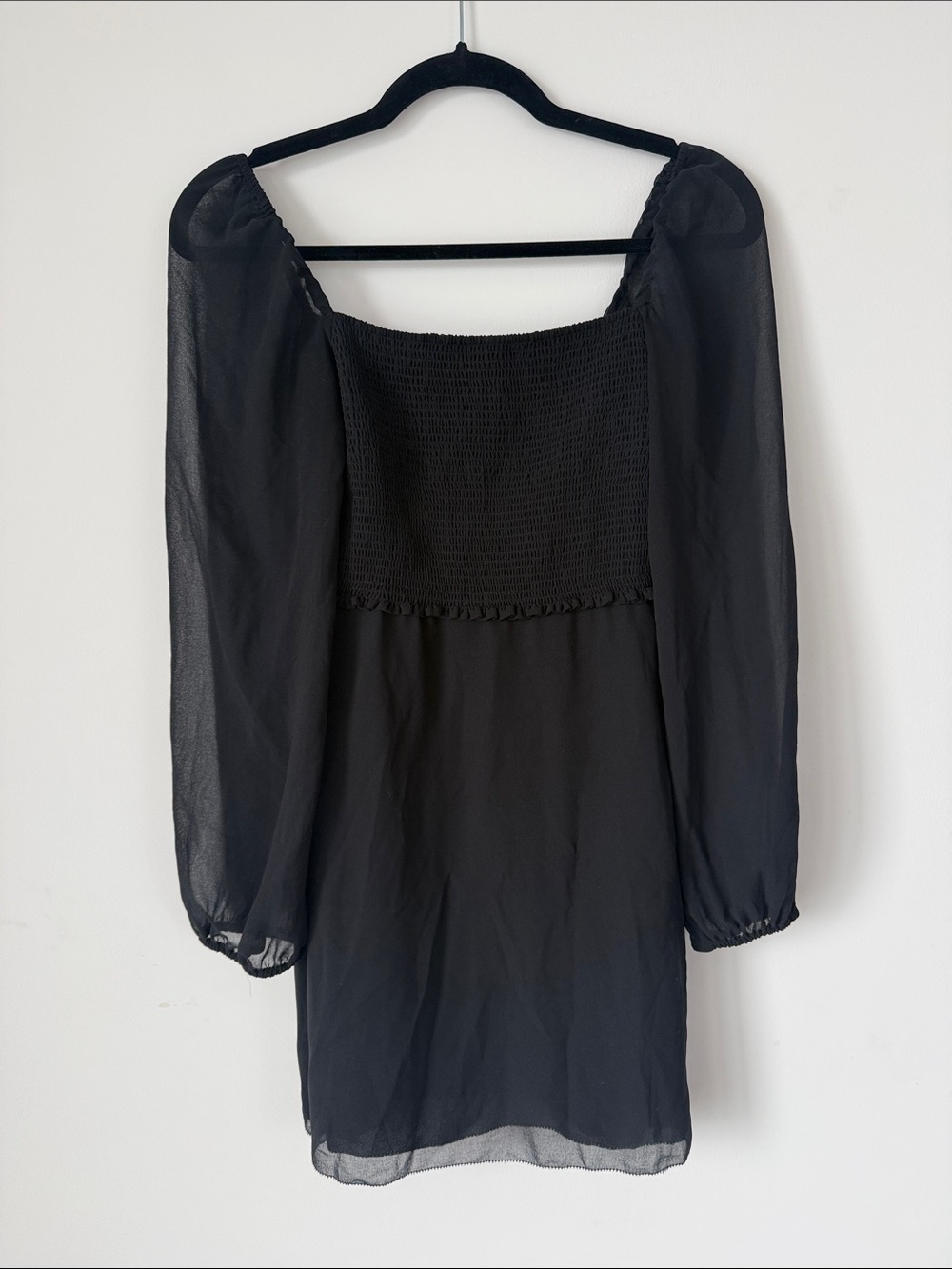 Wilfred Black Smocked Square-Neck Mini Dress with Sheer Puff Sleeves